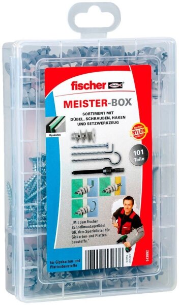 fischer easyDIY Box Gipskarton 513892 Dübel- und Schrauben-Sortiment, 100-teilig