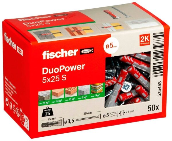 fischer DuoPower 5x25 S 2K 535458 Dübel mit Schrauben Ø 5 mm x 25 mm, 50 St.