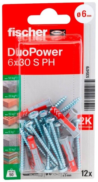 fischer DuoPower 6x30 S PH K  2K 535479 Dübel mit Schrauben Ø 6 mm x 30 mm, 12 St.