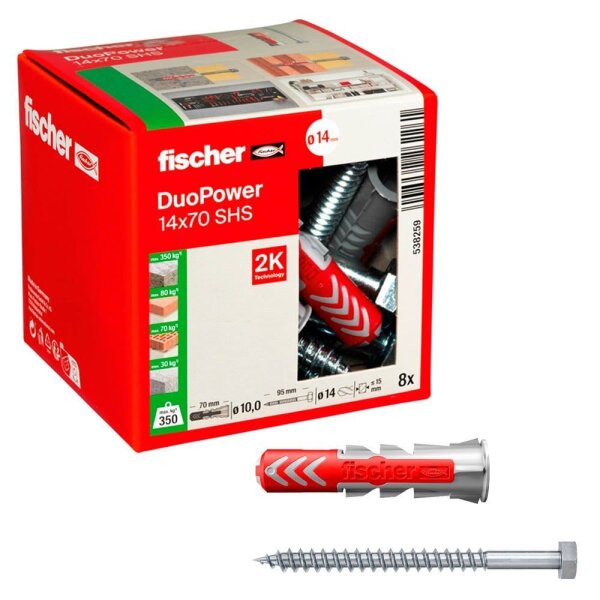fischer DuoPower 14x70 S 538259 Dübel mit Schrauben Ø 12 mm x 60 mm, 8 St.