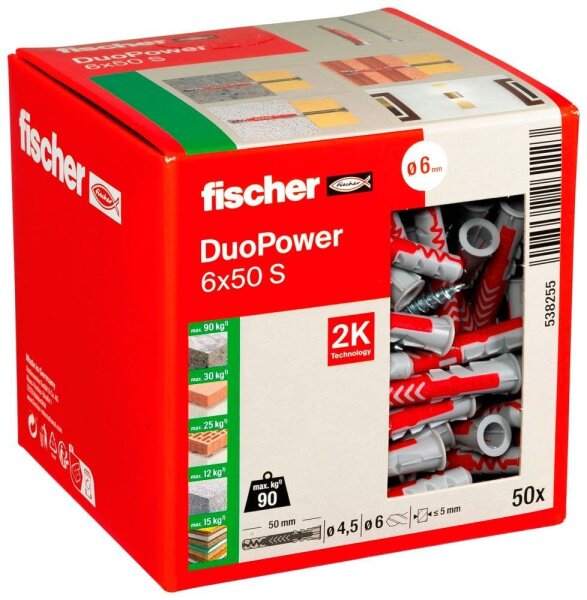 fischer DuoPower 6x50 S 2K 538255 Dübel mit Schrauben Ø 6 mm x 50 mm, 50 St.