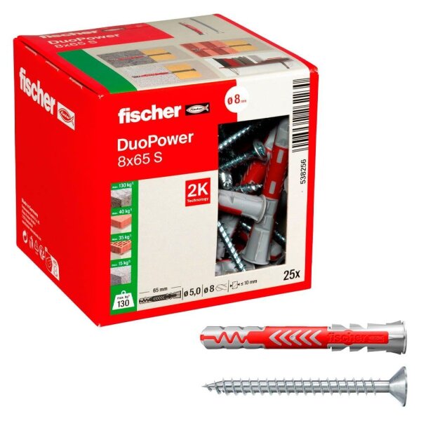 fischer DuoPower 8x65 S 2K 538256 Dübel mit Schrauben Ø 8 mm x 65 mm, 25 St.