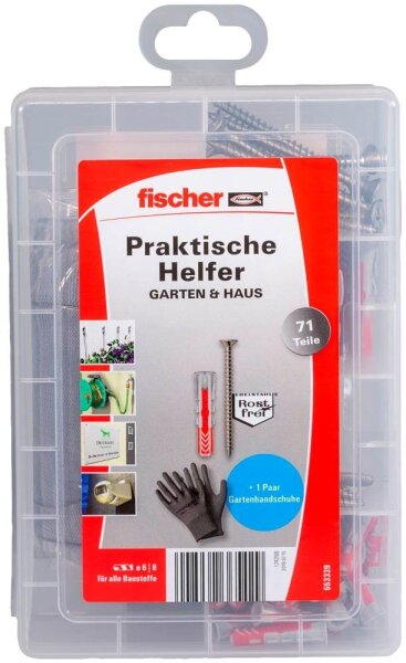 fischer easyDIY Box Garten und Balkon rostfrei 553339 Dübel- und Schrauben-Sortiment, 71-teilig