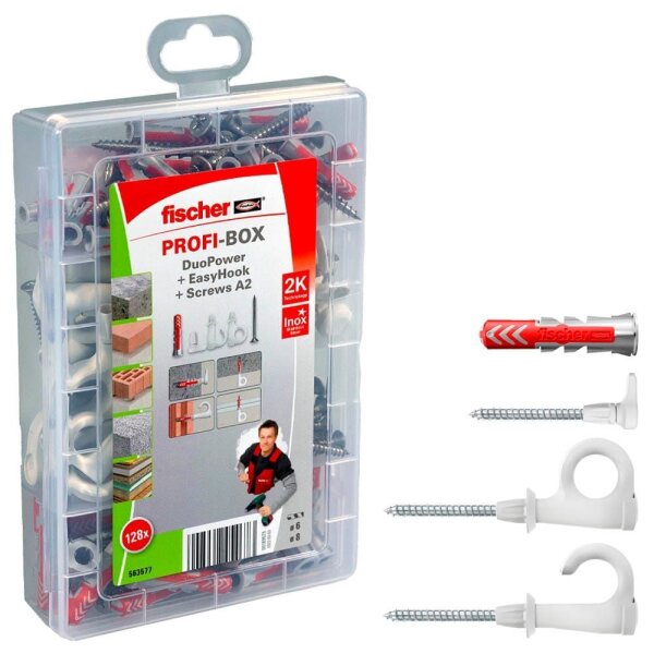 fischer easyDIY Box Outdoor EasyHook rostfrei 563577 Dübel- und Schrauben-Sortiment, 128-teilig