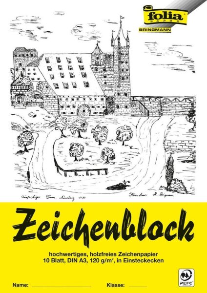 folia Zeichenblock mit Leinenecken DIN A3 120 g/qm, 10 Blatt, 10 Blatt