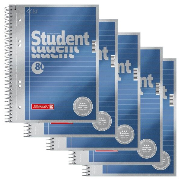 BRUNNEN Collegeblöcke Student Premium Kleinformat liniert DIN A5 Innenrand, 5 Blöcke