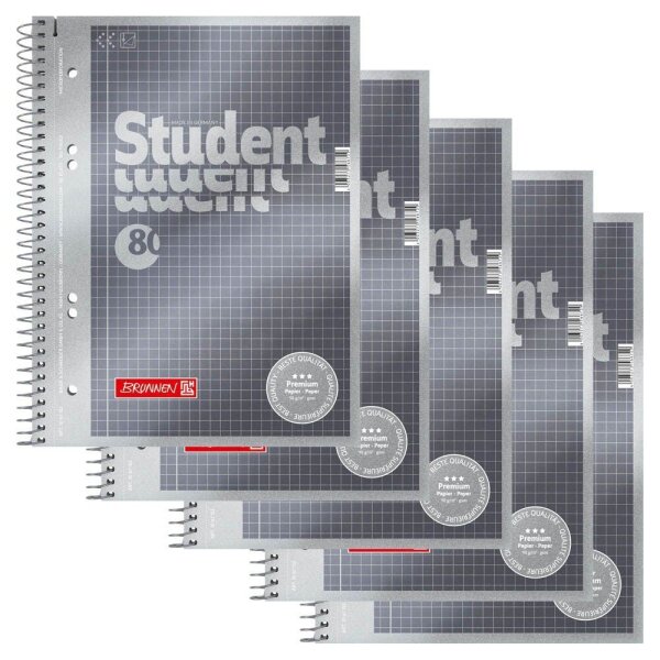 BRUNNEN Collegeblöcke Student Premium Kleinformat kariert DIN A5 Innenrand, 5 Blöcke