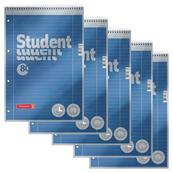 BRUNNEN Collegeblöcke Student Premium Lineatur 27 liniert DIN A4 Innen- und Außenrand, 5 Blöcke