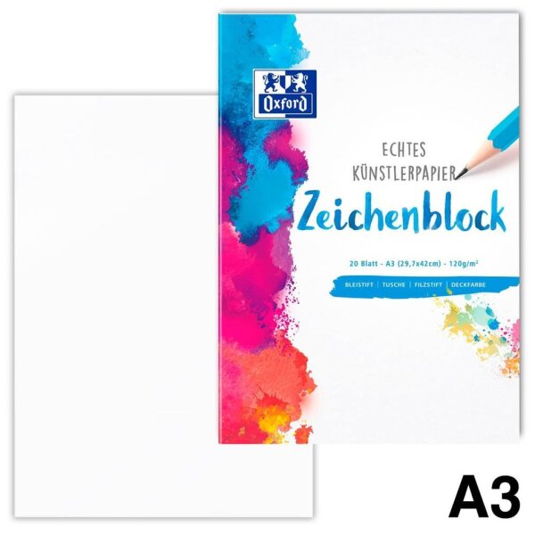 OXFORD Zeichenblock Schule DIN A3 120 g/qm, 20 Blatt, 1 Block