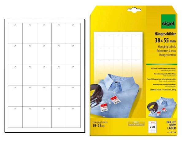 SIGEL Hängeetiketten weiß 38,0 x 55,0 mm blanko, 750 St.
