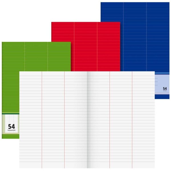 BRUNNEN Vokabelheft grün, rot oder blau Lineatur 54 liniert DIN A4 ohne Rand, 32 Blatt, 1 St.