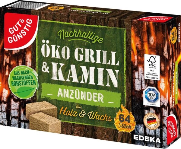GUT&GÜNSTIG Kamin- & Grillanzünder Öko Grill & Kamin braun, 64 St.