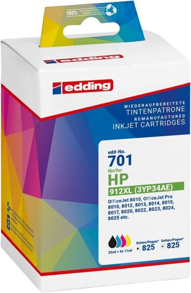 edding EDD-701 schwarz, cyan, magenta, gelb Druckerpatronen kompatibel zu HP 912XL (3YP34AE), 4er-Set
