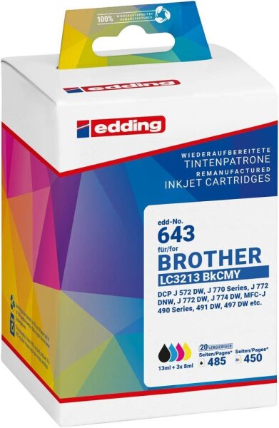 edding EDD-643 schwarz, cyan, magenta, gelb Druckerpatronen kompatibel zu brother LC3213 BKCMY , 4er-Set