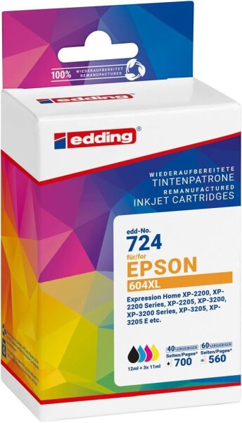 edding EDD-724 schwarz, cyan, magenta, gelb Druckerpatronen kompatibel zu EPSON 604XL (T10H1+H2+H3+H4), 4er-Set