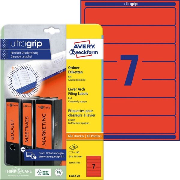 AVERY Zweckform Ordneretiketten L4762-20 rot, 20 Blatt