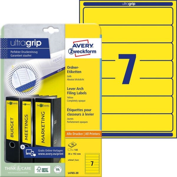 AVERY Zweckform Ordneretiketten L4765-20 gelb, 20 Blatt