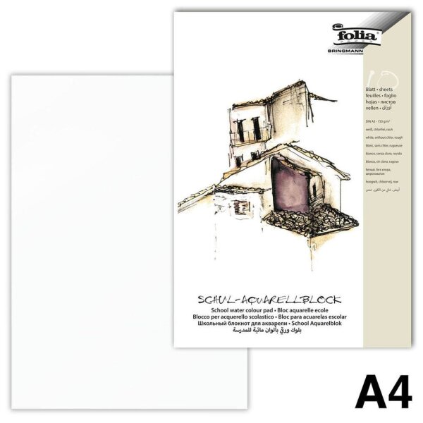 folia Aquarellblock SCHULE 3-Seiten verleimt DIN A4 150 g/qm, 10 Blatt, 10 Blatt