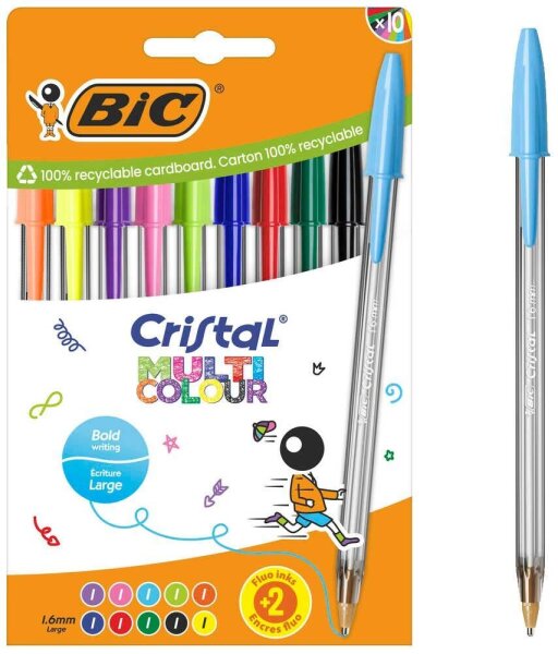 BIC Kugelschreiber CRISTAL MULTICO transparent, Schreibfarbe: farbsortiert, 10 St.