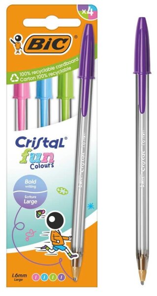 BIC Kugelschreiber Cristal Fun transparent, Schreibfarbe: farbsortiert, 4 St.