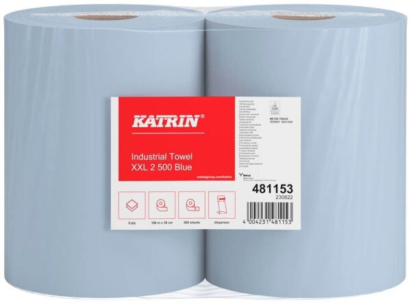 KATRIN Putztuchrollen XXL 2 500 Blue 2-lagig blau, 500 Blätter, 2 Rollen