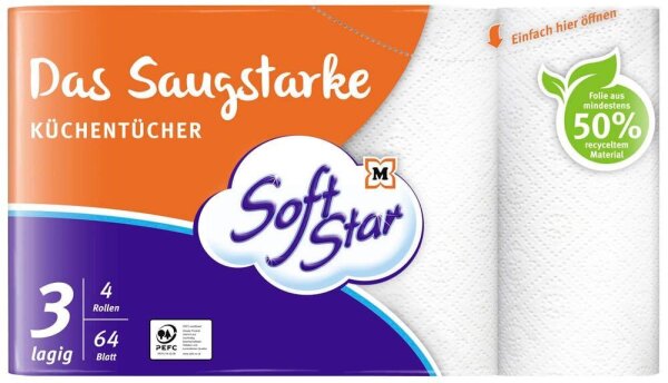 Soft Star Küchenrollen Das Saugstarke 3-lagig, 4 Rollen