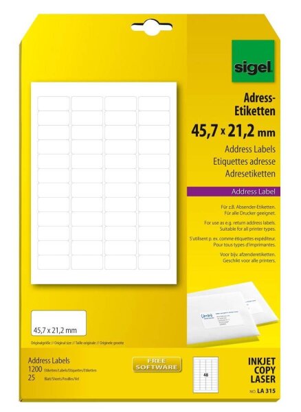 SIGEL Adressetiketten LA315 weiß 45,7 x 21,2 mm, 25 Blatt
