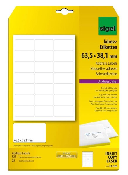 SIGEL Adressetiketten LA320 weiß 63,5 x 38,1 mm, 25 Blatt