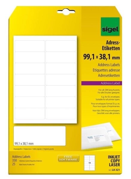 SIGEL Adressetiketten LA321 weiß 99,1 x 38,1 mm, 25 Blatt