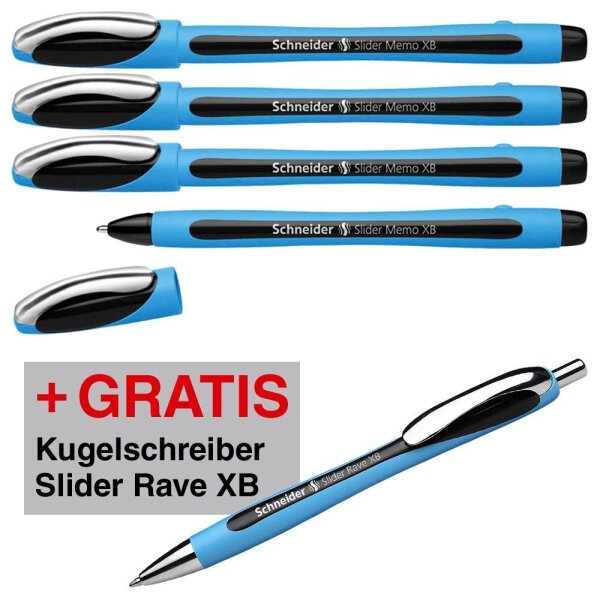 AKTION: Schneider Kugelschreiber Slider Memo hellblau/schwarz, Schreibfarbe: schwarz, 4 St. + GRATIS Schneider Kugelschreiber Slider Rave XB