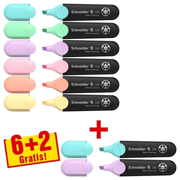 6 + 2 GRATIS: Schneider Job Textmarker farbsortiert, 6 St. + GRATIS 2 St.