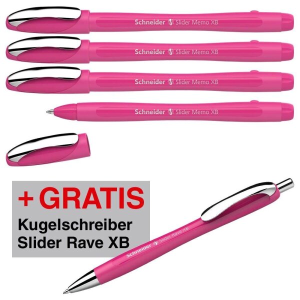 AKTION: Schneider Kugelschreiber Slider Memo pink, Schreibfarbe: blau, 4 St. + GRATIS Schneider Kugelschreiber Slider Rave XB pink
