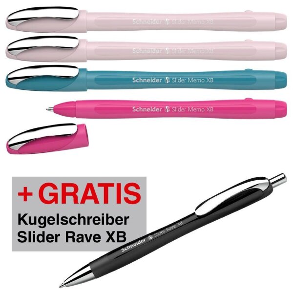 AKTION: Schneider Kugelschreiber Slider Memo farbsortiert, Schreibfarbe: blau, 4 St. + GRATIS Schneider Kugelschreiber Slider Rave XB black