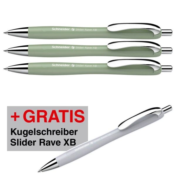 3 + 1 GRATIS: Schneider Kugelschreiber Slider Rave XB farbsortiert, Schreibfarbe: blau, 3 St. + GRATIS 1 Slider Rave XB weiß