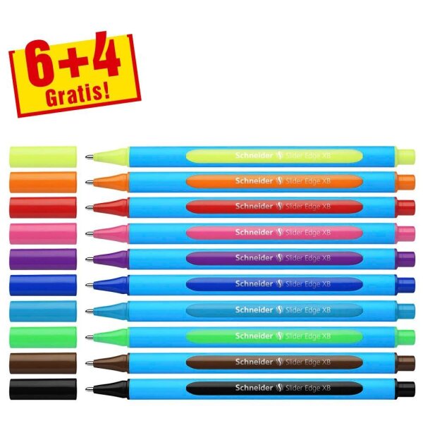 6 + 4 GRATIS: Schneider Kugelschreiber Slider Edge farbsortiert, Schreibfarbe: farbsortiert, 6 St. + GRATIS 4 St.