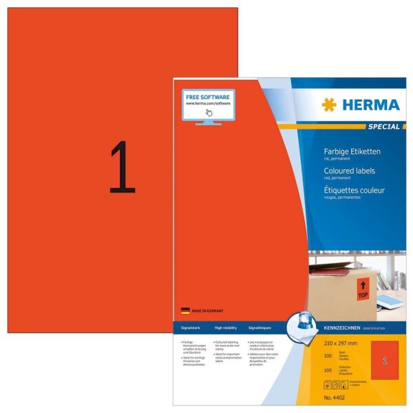 HERMA Etiketten 4402 rot 210,0 x 297,0 mm, 100 Blatt
