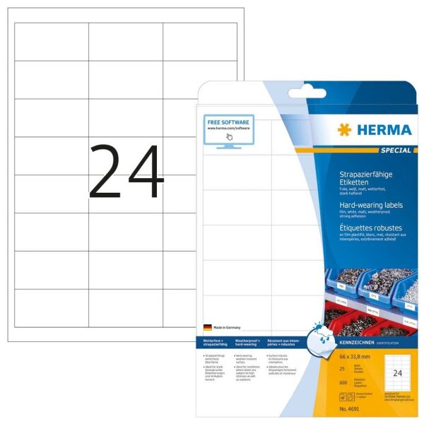 HERMA wetterfeste Folienetiketten 4691 weiß 66,0 x 33,8 mm, 25 Blatt
