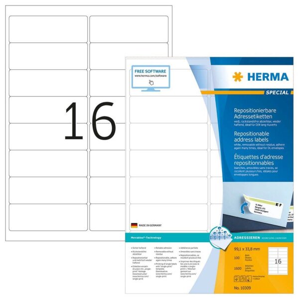 HERMA Adressetiketten 10309 weiß 33,8 x 99,1 mm, 100 Blatt