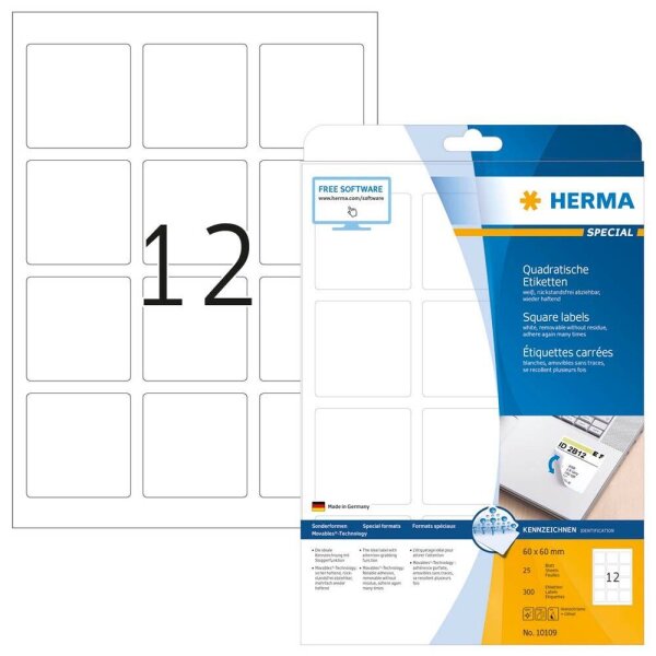 HERMA Etiketten 10109 weiß 60,0 x 60,0 mm, 25 Blatt