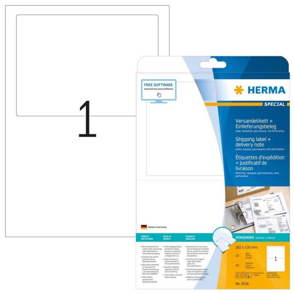 HERMA Adressetiketten 8316 weiß 182,0 x 130,0 mm, 25 Blatt