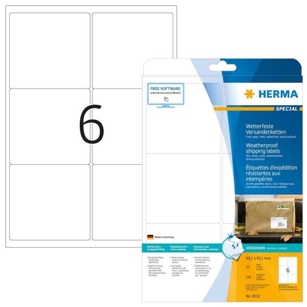 HERMA Folien-Versandetiketten 8332 weiß 99,1 x 93,1 mm, 25 Blatt