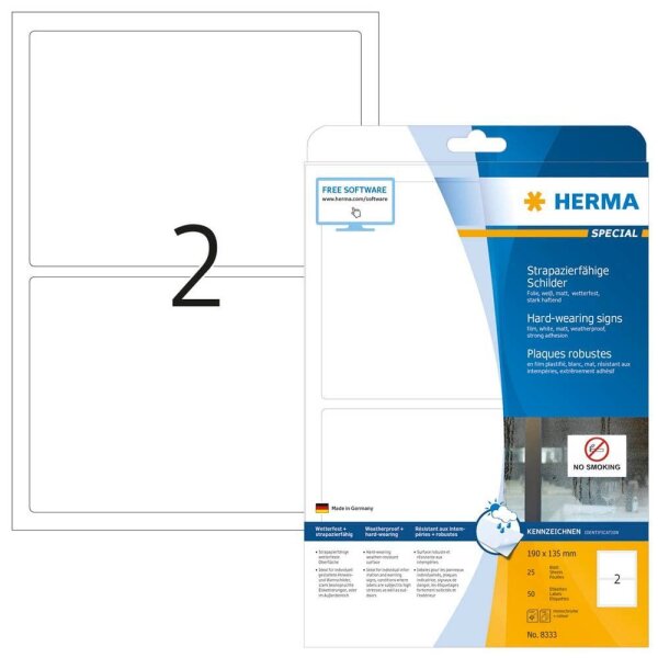 HERMA wetterfeste Folienetiketten 8333 weiß 190,0 x 135,0 mm, 25 Blatt