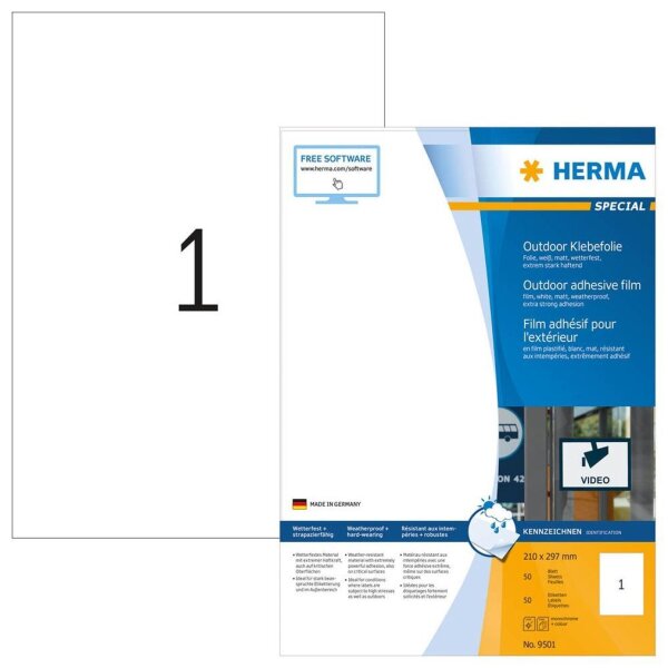 HERMA Folien-Kraftklebe-Etiketten 9501 weiß 210,0 x 297,0 mm, 50 Blatt