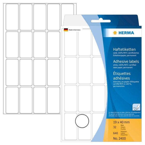 HERMA Etiketten 2400 weiß 40,0 x 19,0 mm, 32 Blatt