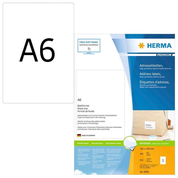 HERMA Adressetiketten 8689 weiß 105,0 x 148,0 mm, 800 Blatt