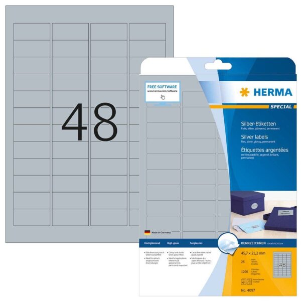 HERMA Folienetiketten 4097 silber 45,7 x 21,2 mm, 25 Blatt