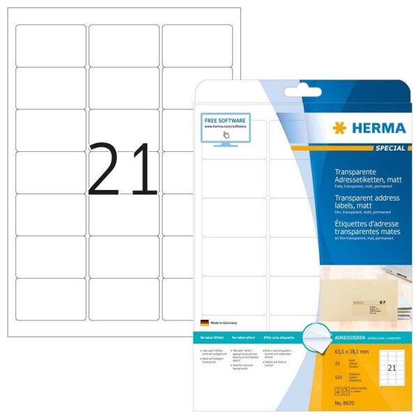 HERMA Adressetiketten 8670 transparent 63,5 x 38,1 mm, 25 Blatt