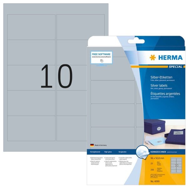 HERMA Folienetiketten 4099 silber 96,0 x 50,8 mm, 25 Blatt