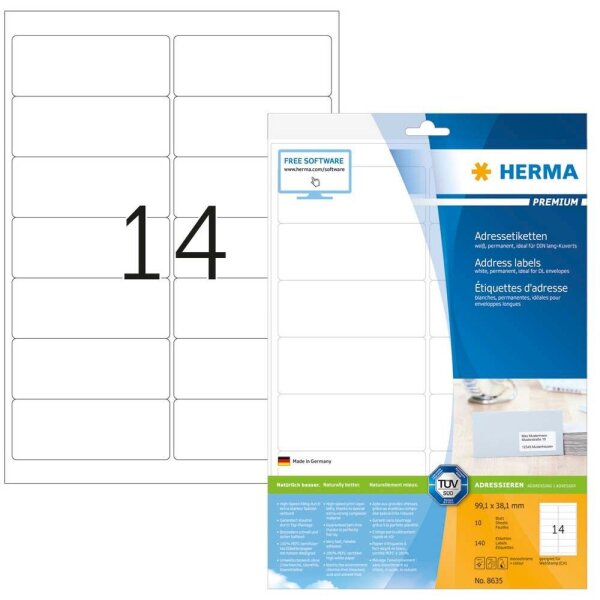 HERMA Adressetiketten 8635 weiß 99,1 x 38,1 mm, 10 Blatt