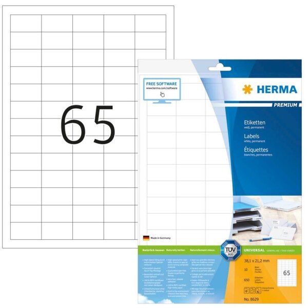 HERMA Etiketten 8629 weiß 38,1 x 21,2 mm, 10 Blatt